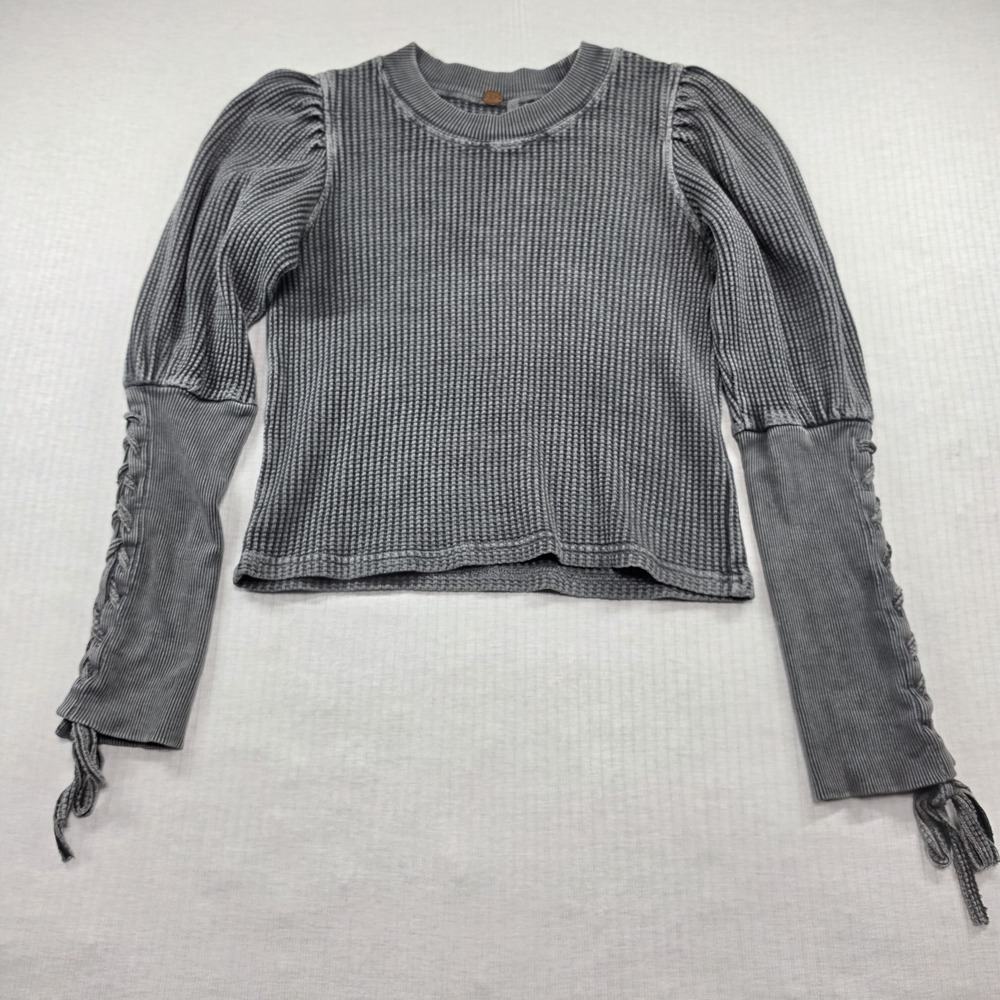 Free People FP One Tasha Thermal Top XS Lace Up Puff Sleeve Gray Waffle Knit